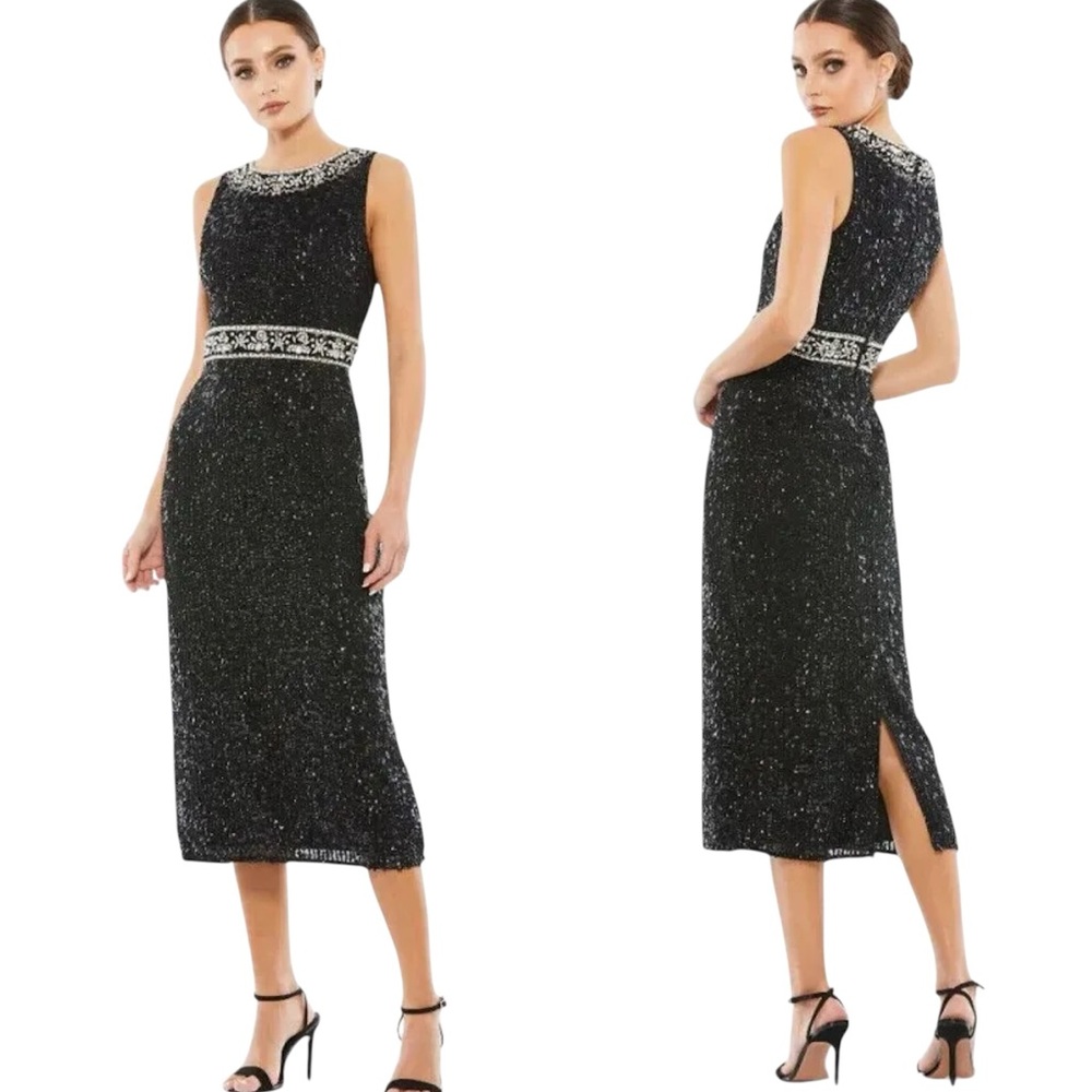 Mac Duggal Black Embellished Sleeveless High Neck Midi Dress Size 10